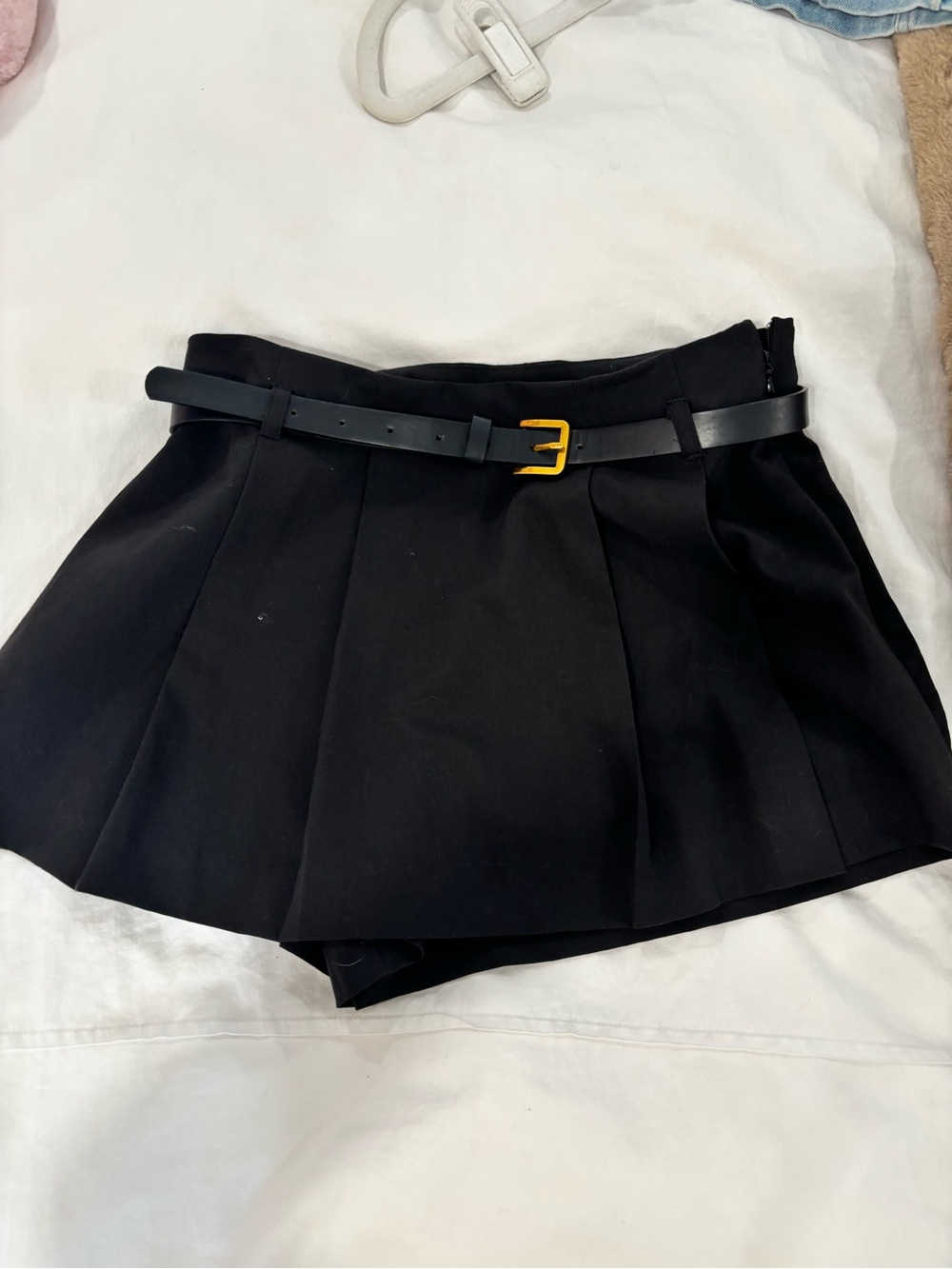 Black Pleated Mini Skirt with Belt